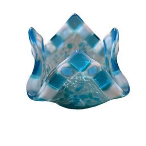 Blue White Fused Art Glass Handkerchief Votive Candle Holder Tea Light